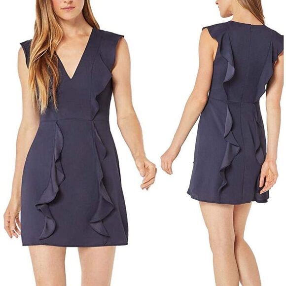 BCBGMAXAZRIA Eve Sleeveless V-Neck Mini Short Ruffle Dress Navy Blue 4 - Picture 1 of 5